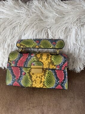 Colorful Snake-Pattern Top Handle Bag - Yellow, Green & Pink